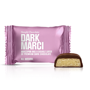 Chokolade Bites med marcipan & mørk Chokolade - Dark Marci fra Simply Chocolate Flowpack 10 g