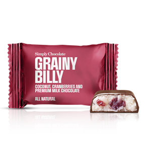 Chokolade Bites med Kokos & tranebær, Grainy Billy fra Simply Chocolate flowpack 10 g