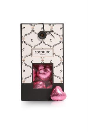 Chokoladehjerter i pink folie i Cocoture Palæ - Lys chokolade 100g