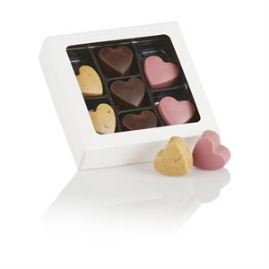 7 Fyldte Chokoladehjerter i hvid æske 70 g NEDSAT PGA DATO