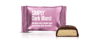 Chokolade Bites med marcipan & mørk Chokolade - Dark Marci fra Simply Chocolate Flowpack 10 g