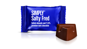 Chokolade Bites med Karamel og Hakkede Saltede Mandler - Salty Fred Simply Chocolate Flowpack 10 g