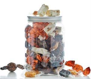 Chokoladekugler i mørkebrun, lysebrun, orange, fransk nougat & karamelmix 500 g i plastbøtte  